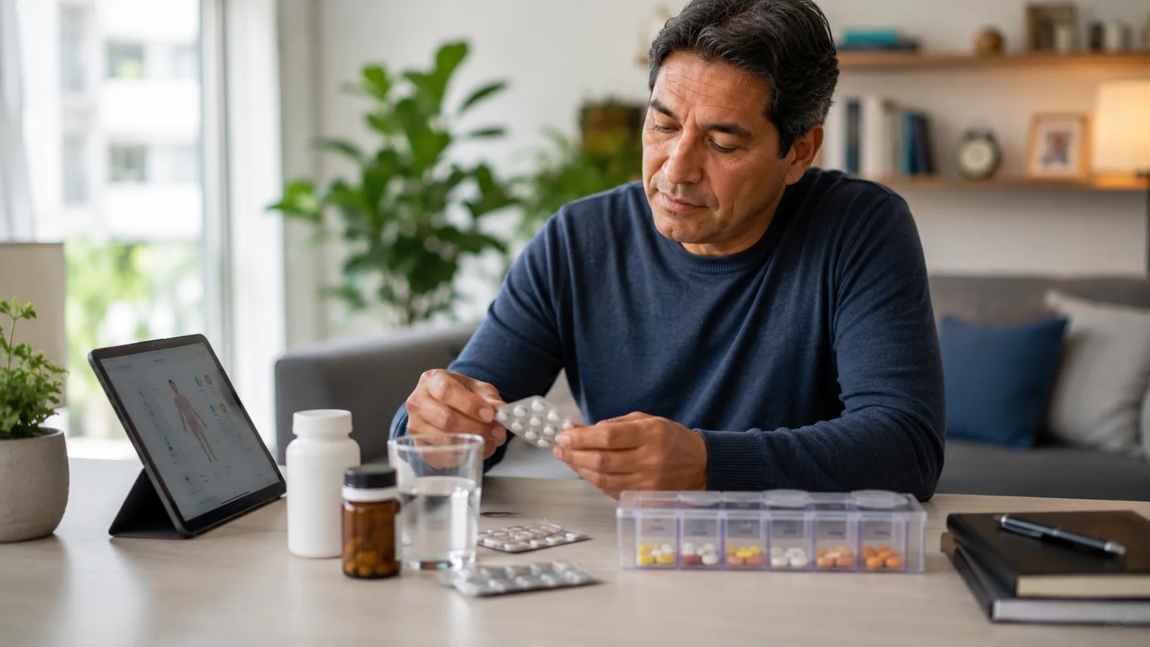 Persona revisando medicamentos de forma ordenada